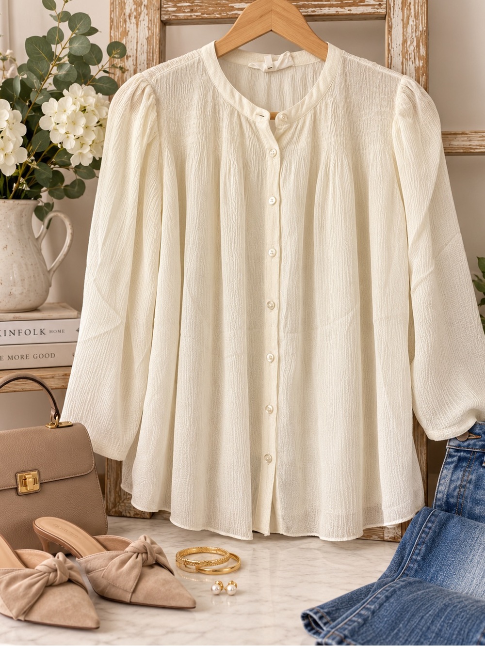 ba&sh Ivory Textured Button-Front Long Sleeve Blouse